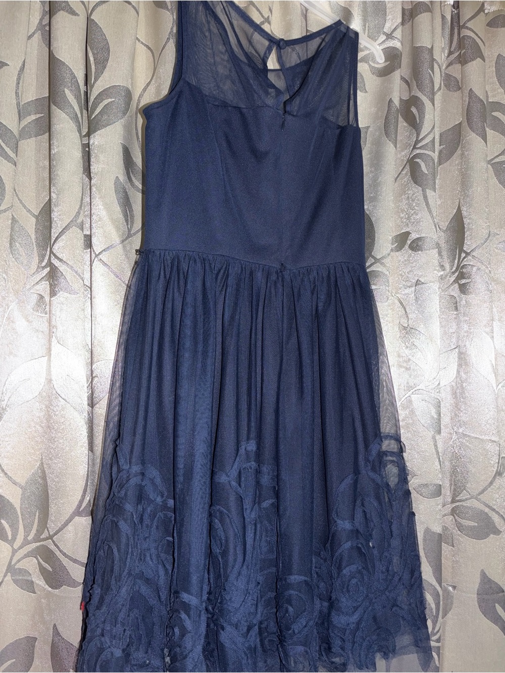 Sleeveless Navy Midi Dress with Sheer Mesh Bodice